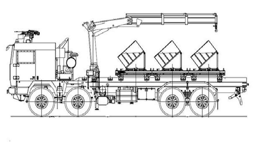 Pojazd ma mieć zabudowany wysięgnik hydrauliczny, umożliwiający montaż i demontaż miotaczy min. Dodatkowo ma być uzbrojony w zdalnie sterowany wielkokalibrowy karabin maszynowy 12,7 mm WKM-B / Grafika: IU MON