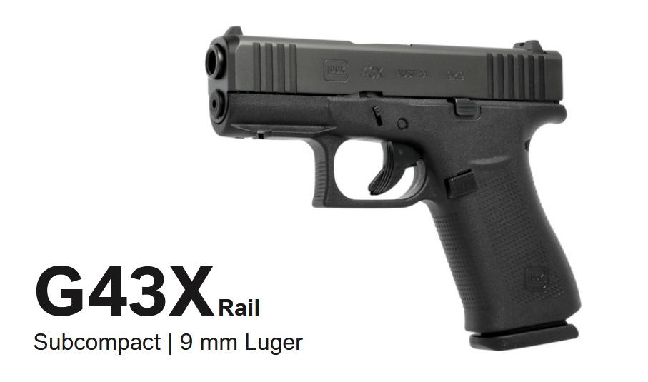 Glock 43X to wersja 43 z poszerzonym i przedłużonym chwytem mieszczącym 10-nabojowy magazynek. Szerokość chwytu w stosunku do pierwowzoru wzrosła o około 1-2 mm, a pojemność o 4 naboje.