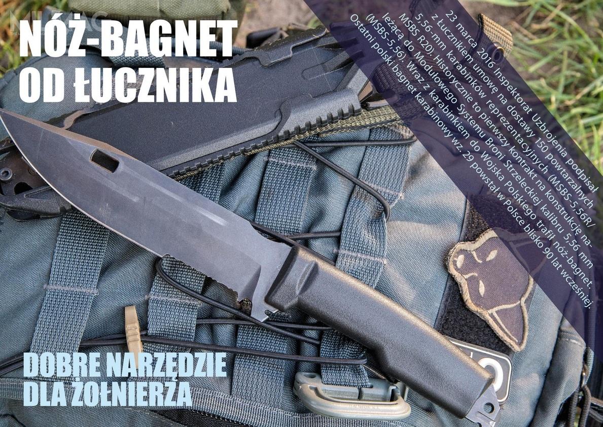 Głownia noża-bagnetu mierzy 152 mm i ma grubość 3,8 mm. Ostrze jest częściowo ząbkowane i wykonane ze stali NCV-1. Kabura jest z tworzywa sztucznego połączonego z nylonem. Długość całkowita noża-bagnetu to 280 mm, masa wynosi 200 g. Masa całego zestawu to 390 g / Zdjęcie: Jarosław Lis