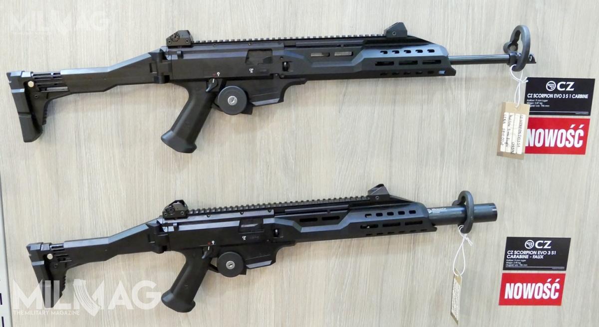 Na targach Shooting PRO w Poznaniu zadebiutowały 9-mm samopowtarzalne karabinki do amunicji pistoletowej CZ Scorpion EVO3 S1 Carbine i CZ Scorpion EVO3 S1 Carbine Faux. Broń wyróżnia wydłużona do 412-mm lufa oraz łoże z otworami montażowymi M-LOK