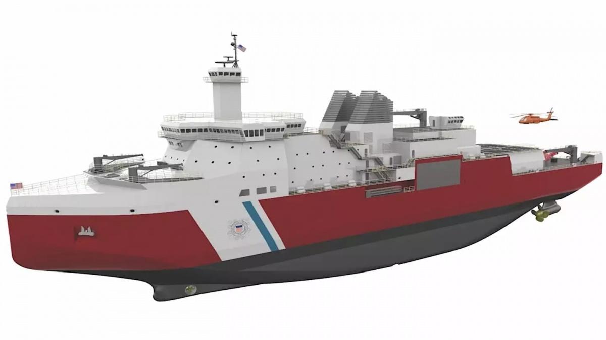 Zaprezentowana artystyczna koncepcja Polar Security Cutter ukazuje drugi mostek rozmieszczony wysoko ponad głównym, co ma zapewnić lepszą widoczność podczas kruszenia lodu oraz lądowisko wraz z hangarem dla śmigłowca, umieszczone na rufie. W dziobowej części kilu umieszczono z kolei pędnik kierunkowy. Napęd główny będą stanowić ruchome pędniki  / Grafika: VT Halter Marine
