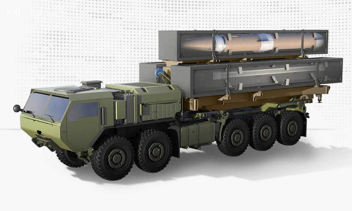 Podczas wirtualnej waszyngtońskiej wystawy sprzętu wojskowego AUSA 2020 (stowarzyszenia Association of the United States Army), 13 października ub. r. Lockheed Martin wspólnie z agencją DARPA zaprezentowali wizualizację transportera wyrzutni Oshkosh  HEMTT (Heavy Expanded Mobility Tactical Trucks) w wersji Palletized Load System z trzema kontenerami transportowo-startowymi wraz z pociskiem-nosicielem szybującego pocisku hipersonicznego / Grafika: Lockheed Martin