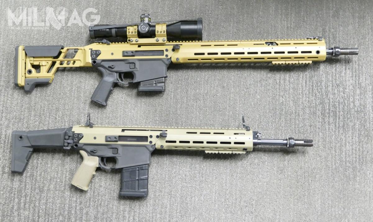 Porównanie modeli karabinów MSBS-7,62N z roku 2018 z lufami długości 20 cali/508 mm i 16 cali/406 mm. Zwracają uwagę odmienne łoża i kolba, zmodyfikowane w poprawionej wersji prototypowej pokazanej w 2019