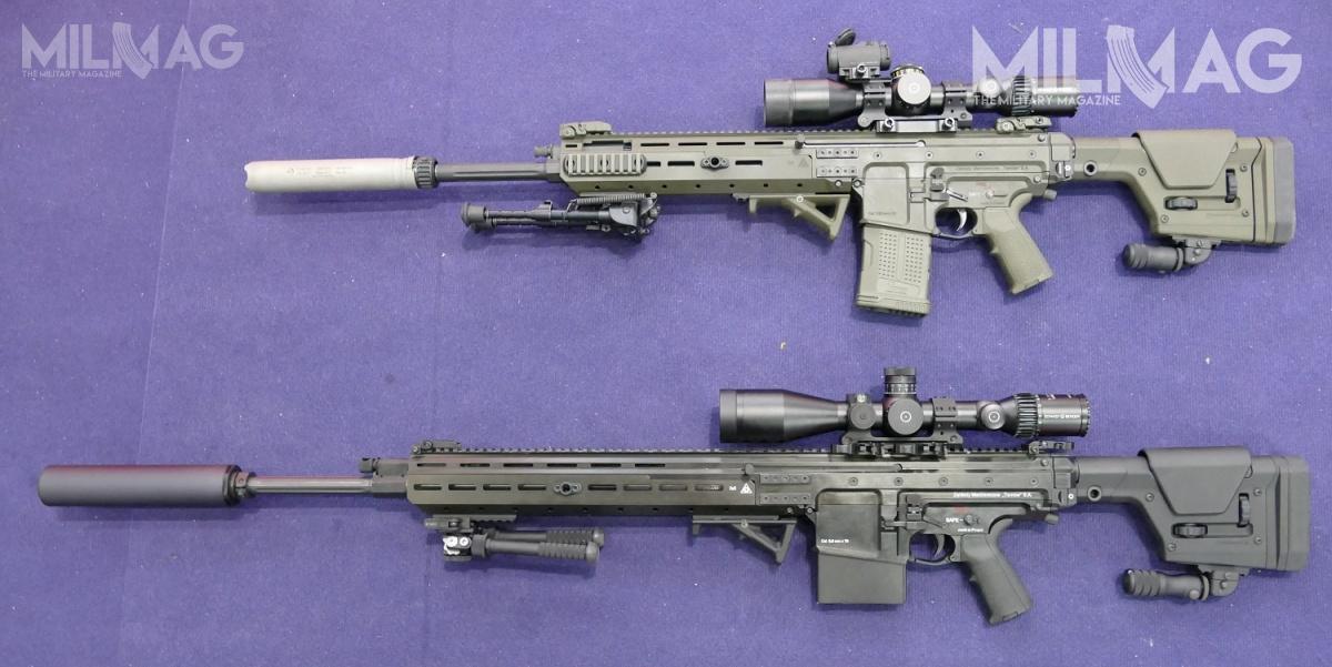 Porównanie samopowtarzalnych karabinów wyborowych, powyżej SKW308 do amunicji 7,62 mm x 51 z 508-mm lufą, poniżej SKW338 do naboju 8,6 mm x 70 z lufą długości 660 mm