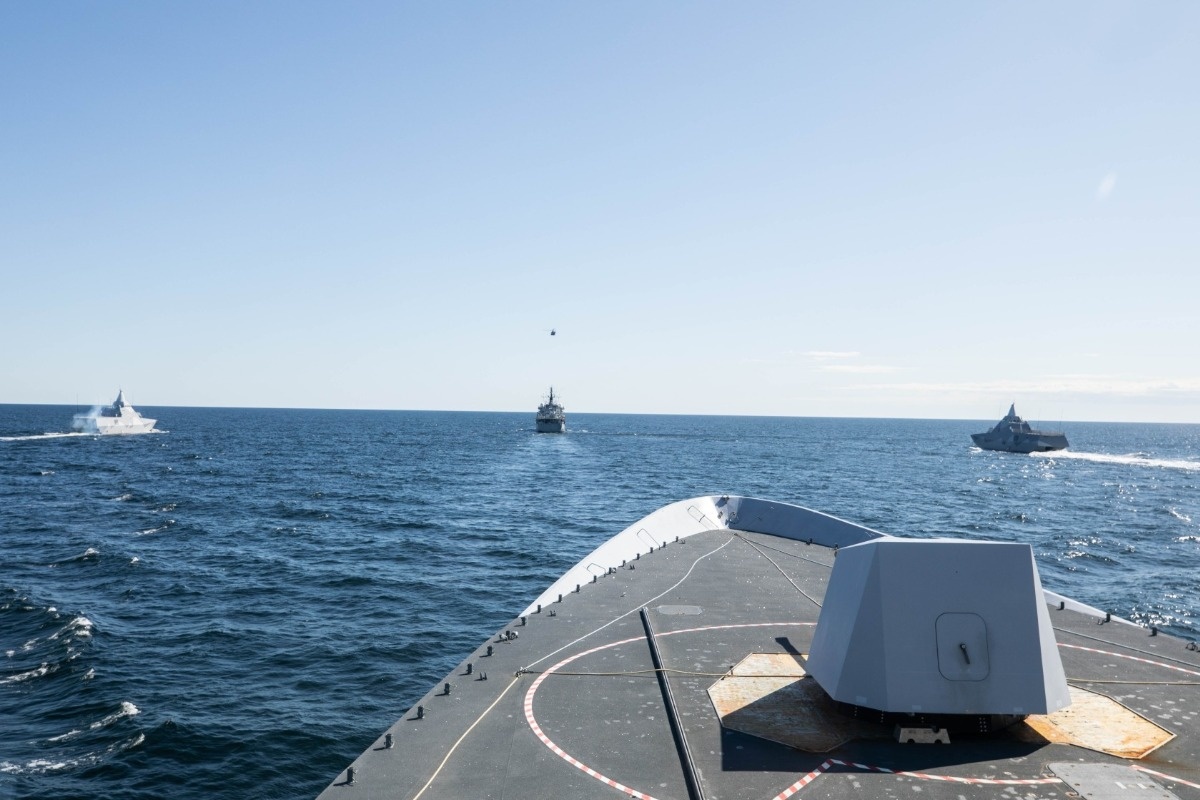 SNMG1 flagship HNoMS Otto Sverdrup in formation with Swedish naval vessels and helicopters during exercise Swenex 20, off the southern coast of Sweden, Baltic Sea, 20 May 2020 / Photo by: SNMG1 PAO, NOR Navy