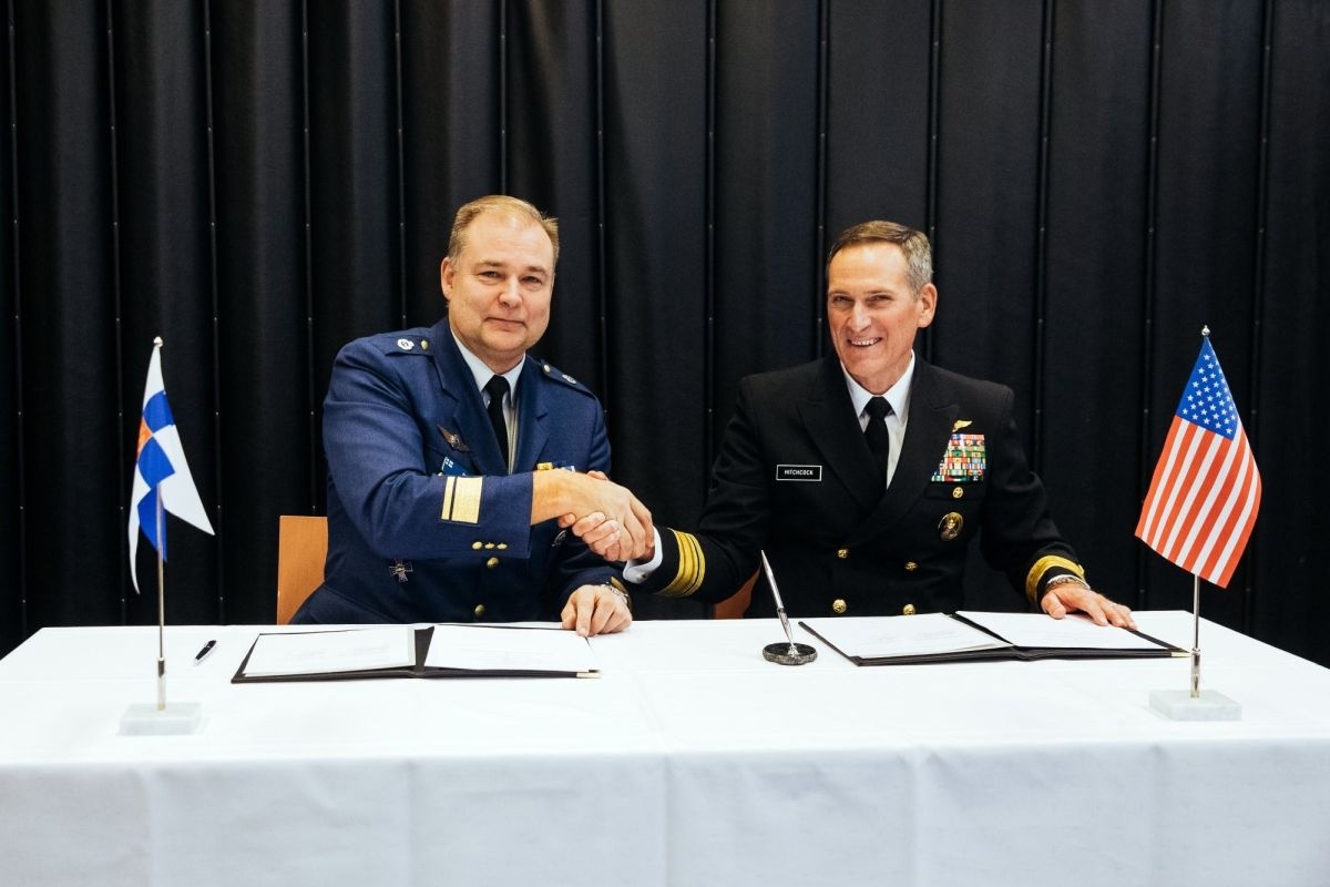 Rear Adm. Marcus A. Hitchcock (right), U.S. Space Command plans and policy director, and Maj. Gen. Pasi Jokinen (left), commander of the Finnish Air Force, after signing a Memorandum of Understanding between the United States and Finland on Space Situational Awareness cooperation in Helsinki, Finland, Nov 4, 2019. The document sets out the intention to exchange public space situational information between the United States and Finland. These agreements foster openness, predictability of space operations, and transparency for space domain awareness / Picture: MoD of Finland, Finnish Air Force Public Affairs